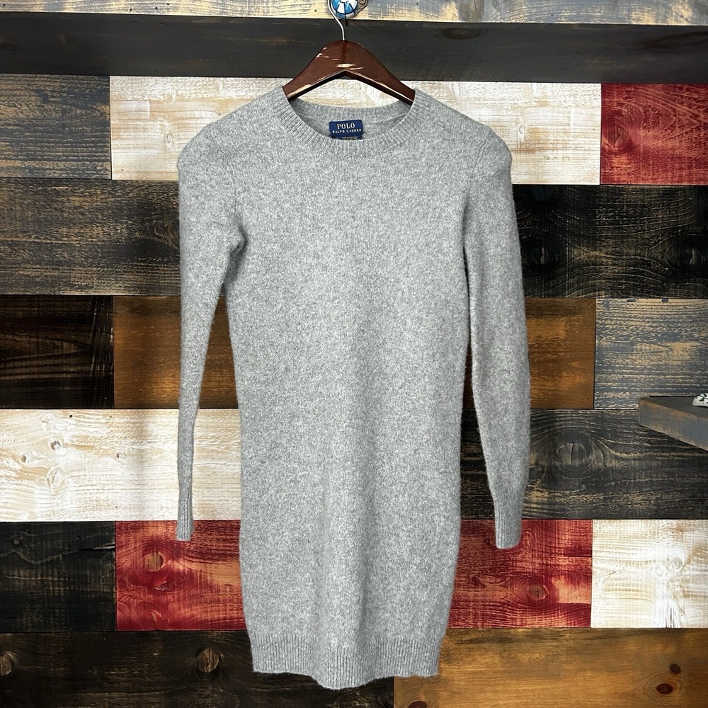 Polo Ralph Lauren Wool Cashmere Leather Elbow Patch Knit Sweater Dress Long XS